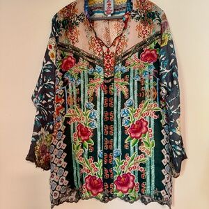 JOHNNY WAS PARNEL EMBROIDERED SILK FLORAL PRINT - SIZE-L